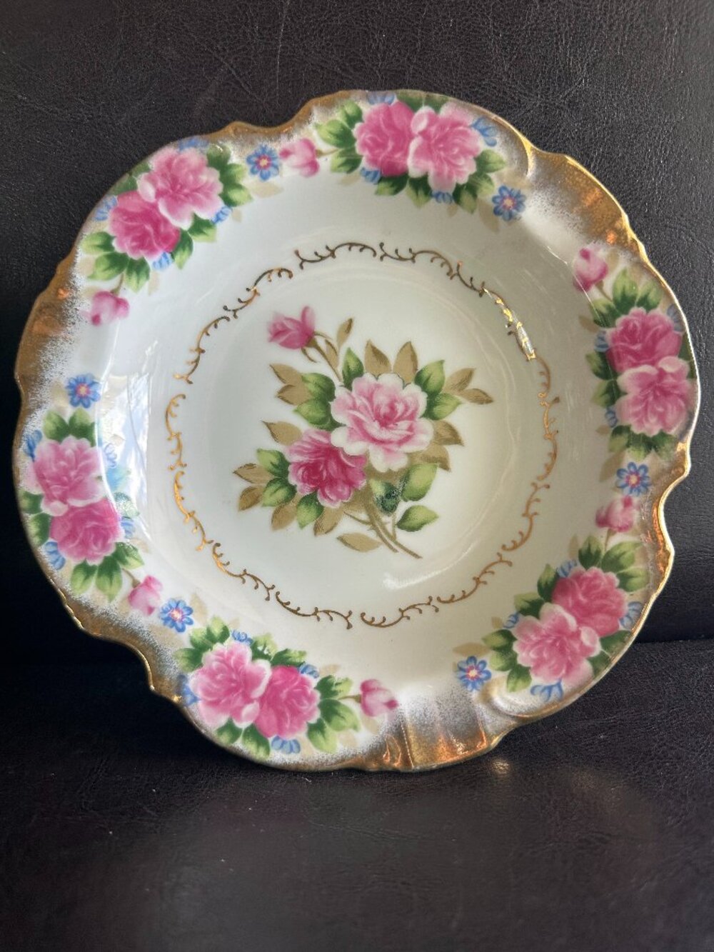 Decorative Porcelain Pink Floral & Gold Gilt 8" Shallow Bowl 1950's Japan